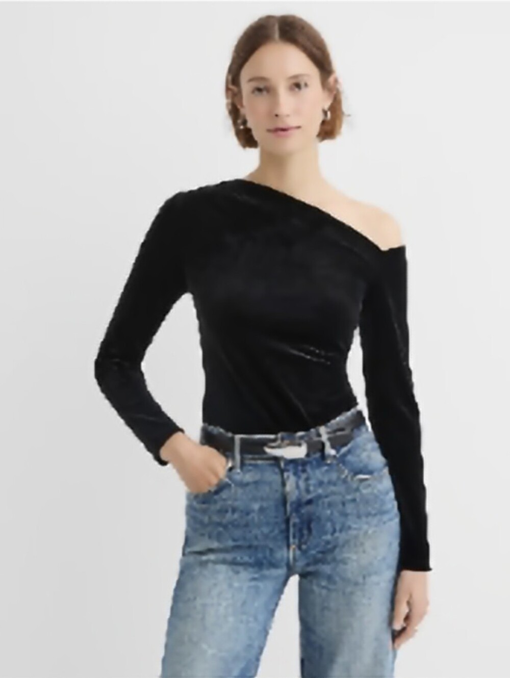 LOFT One-Shoulder Velvet Long-Sleeve Top - Black $54 Retail